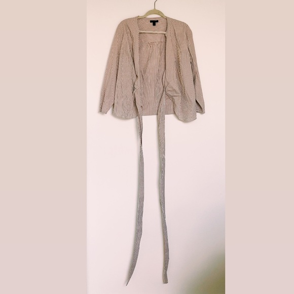J. Crew Wrap Blouse White & Tan Stripes Waist Tie - Picture 2 of 16